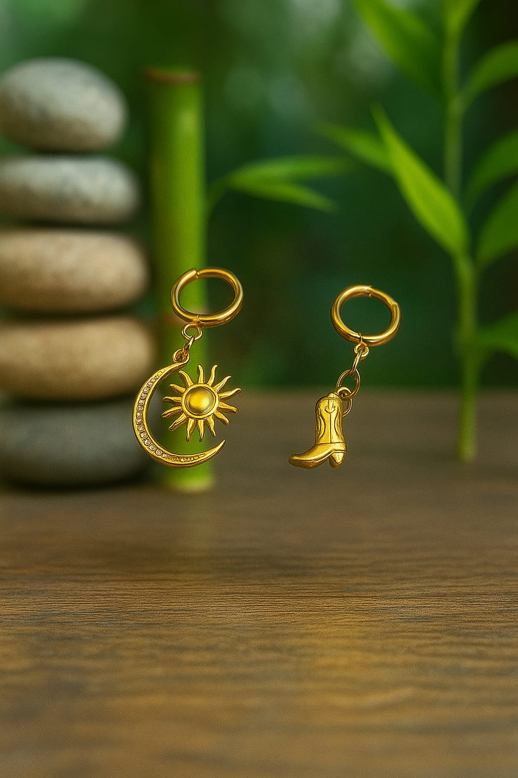 Boucles d’oreilles asymétriques Soleil Lune Botte acier